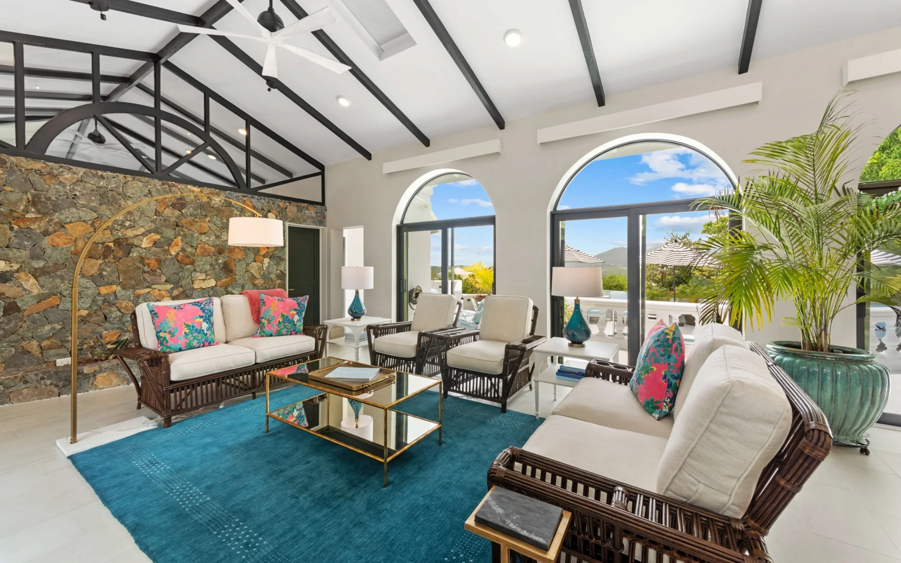 Main living room with stone feature wall
